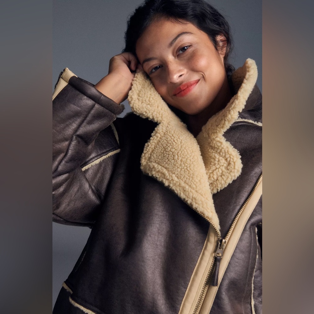 Pilcro Brown Faux-Leather Shearling Jacket with Cream Lining - Picture 5 of 11